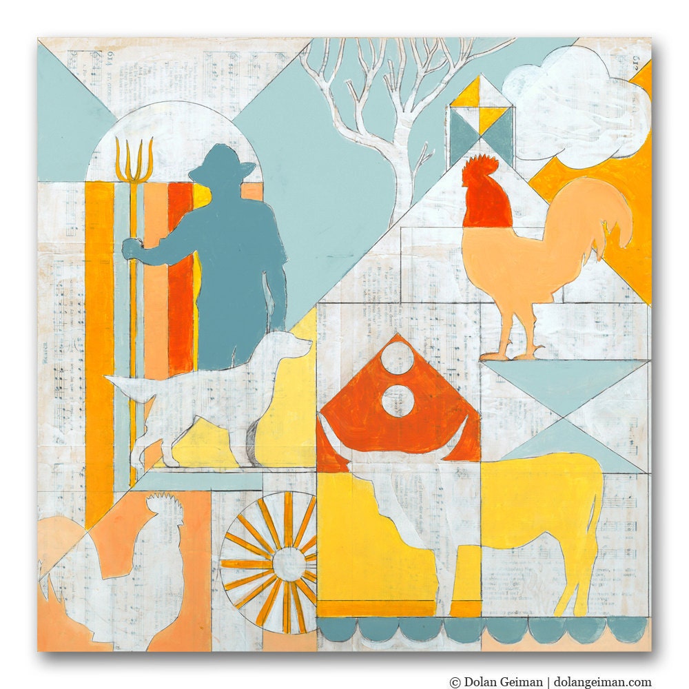 Geometric Modern Print on Wood, Country Morning Mister DG MINI, Drawing & Illustration, Wedding Anniversary Gift