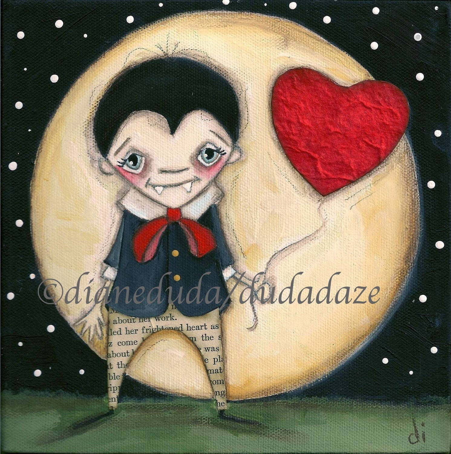 Print of my Folk Art Childrens Halloween Vampire painting  - Forever Love