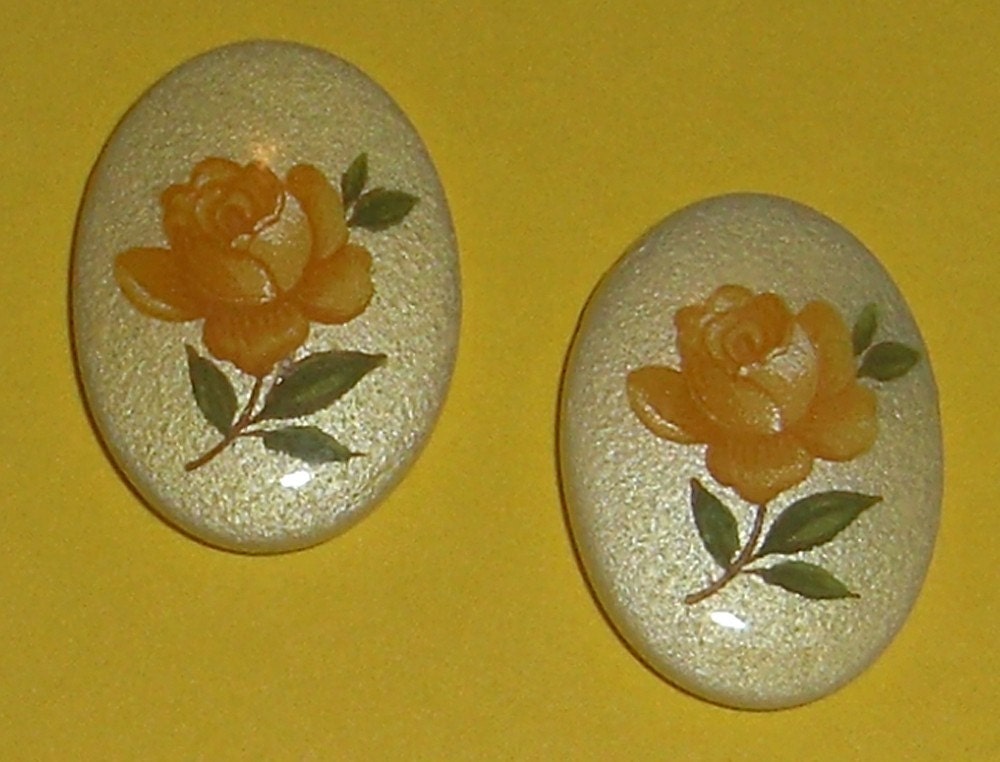 6 pcs. vintage yellow rose flower print cabochons 18x13mm - f2085