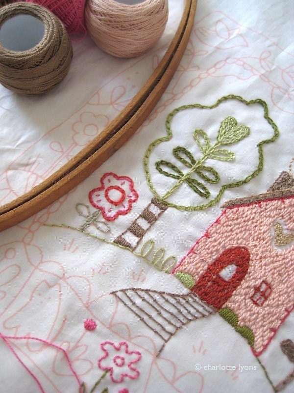 LOVE-LY - stitchable embroidery sampler design printed on cotton