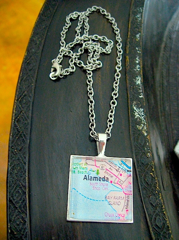 Alameda Map Pendant Necklace - Antiqued Silver Square Glass - 18" Steel chain included