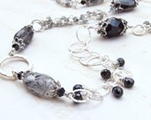 Black Gemstone Necklace, Sterling Silver, Tourmalinated Quartz, Spinel, Long