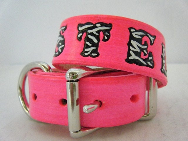 Hot Pink Leather Dog Collar with Zebra Print Letters and Hearts Hot Pink Leather Dog Collar with Zebra Print Letters and Hearts