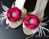 SALE Wedding Bridal Shoe Clips - Wedding Accessory - Sash Accessories - Flower Brooch - Hair Flowers 2 Piece Set - Fuchsia Flutters