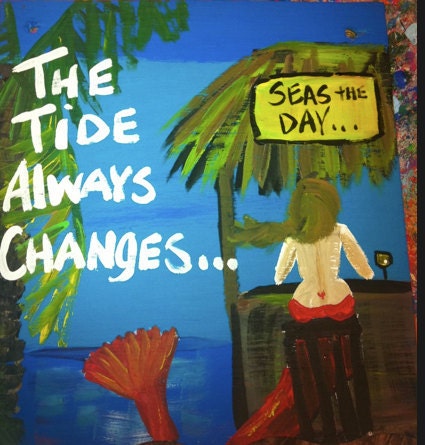RhondaK Original Mermaid at Tiki Bar with Heart Tattoo and two sayings custom available