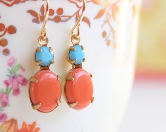 Coral and Turquoise Glass Earrings