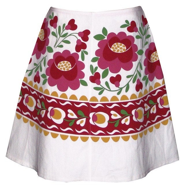 hungarian rhapsody skirt - red and pink - hand screen print inspired by traditional floral embroidery designs