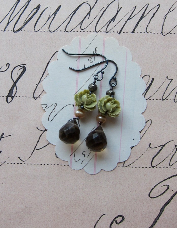 adelyn earrings - vintage olive green flowers smokey quartz
