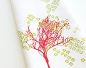 DISH TOWEL -White Cotton with Red Trees and Green Flower Pattern - Victrola35