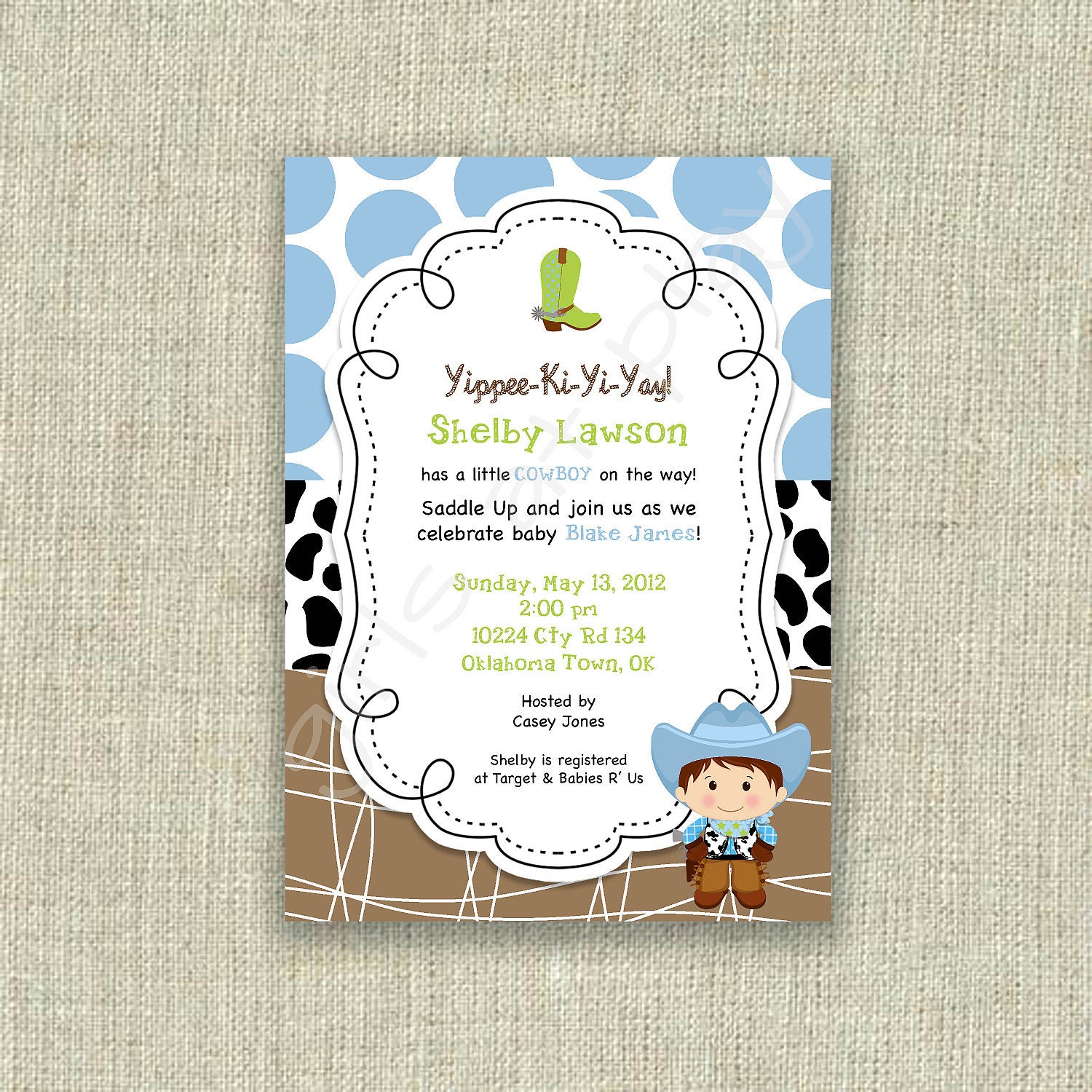 Baby Shower Cowboy Invitation Invite Western Birthday Cow print Brown Blue Printable by girls at play Il_170x135