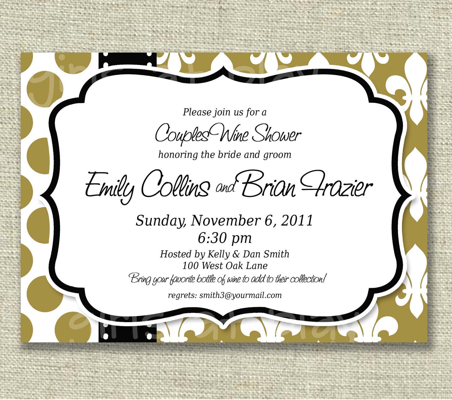 Elegant Bridal Shower Invitation French Fleur de Lis Dots Gold Black -Printable -by girlsatplay ETSY girls at play Il_570xn