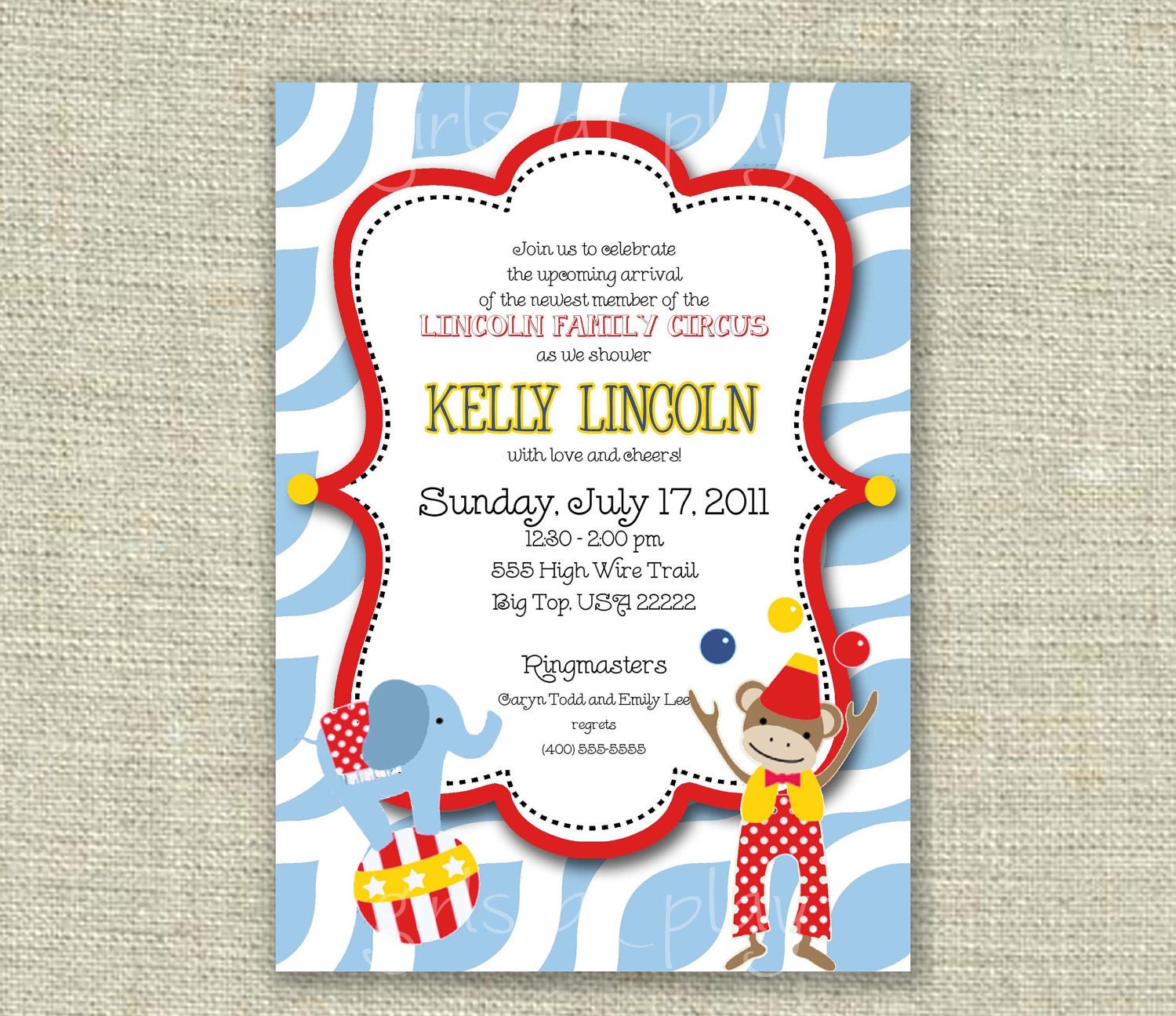 Circus Baby boy Shower Girl Birthday Invitation Monkey Clown Elephant - Print By You - by girls at play girlsatplay Il_570xn