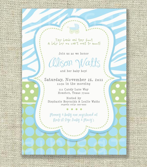 Baby Boy Shower Invitation Animal Print Blue Green Dots Digital Printable by girlsatplay girls at play Il_570xn