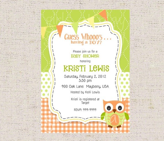 Baby Shower Boy Invitation Owl Kiwi Green Tangerine Orange Gingham Birthday - PRINT by you DIGITAL - by girls at play girlsatplay Il_570xn