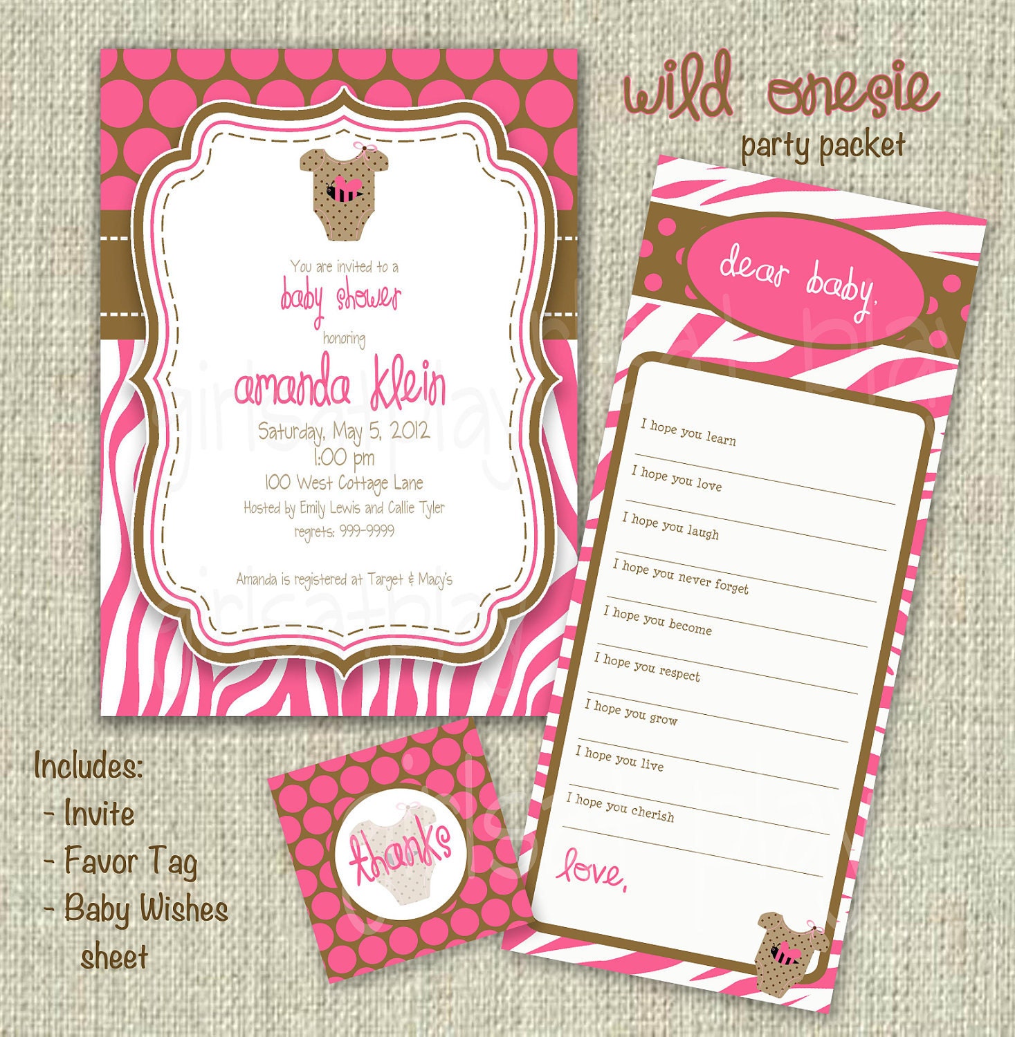 Chic Baby Girl Shower Invitation Party Packet Pink Brown Animal Print Dots Printable by girlsatplay Il_570xn