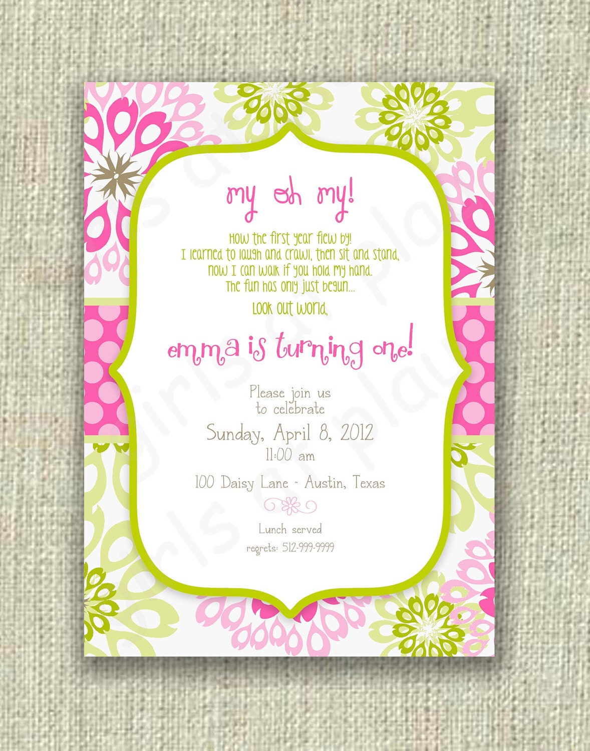 Modern 1st First Birthday Girl Invitation Pink Green Floral Dots - Print By You - by girls at play girlsatplay Il_570xn