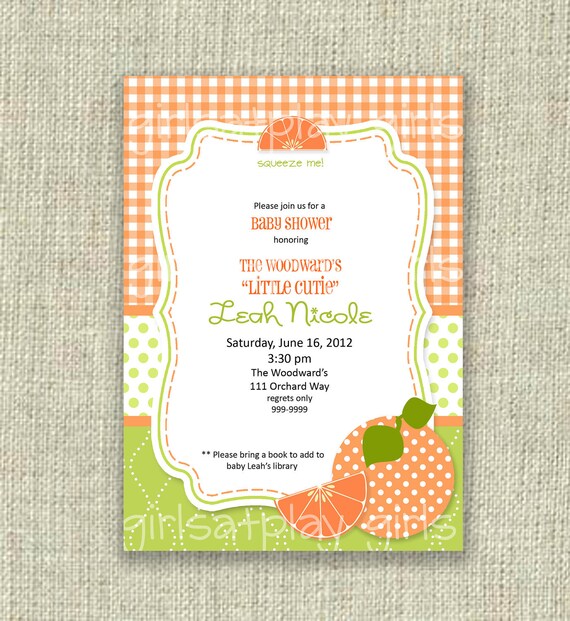 Baby Shower Invitation Boy Girl Fruit Orange Cutie Gingham - DIGITAL by girls at play girlsatplay Il_570xn