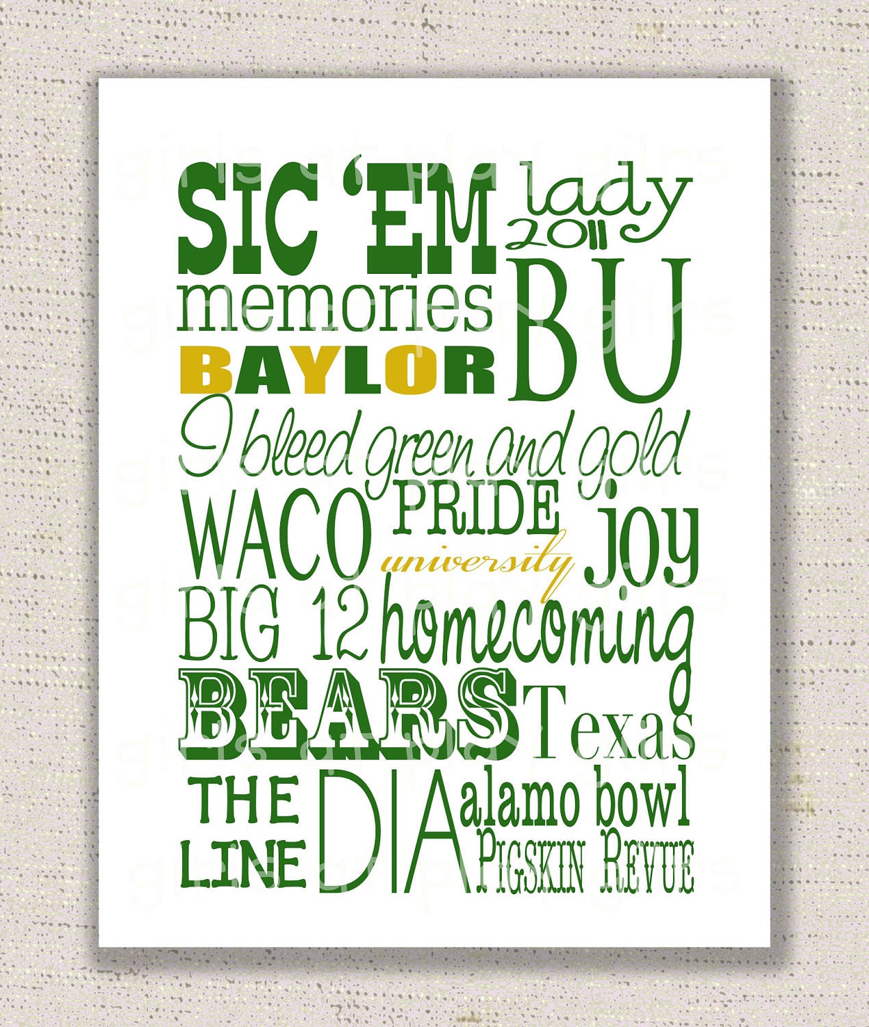 Baylor Bears Subway Print Poster Digital Green Gold Printable - by girlsatplay girls at play