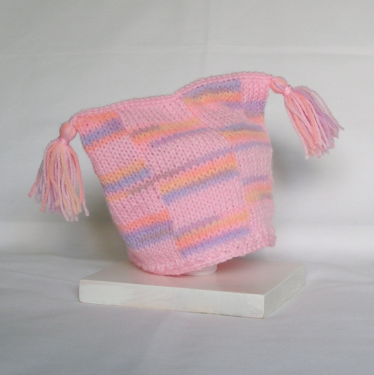 Baby Hat, Jester Pink and Pastels 0 to 3 Months, Handknitted Tassels