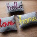 Love word pillow little cushion embroidered red ribbon lettering typography grey wool memake handmade home decor