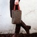 Tweed purse brown black tote bag tan leather handles recycled fabric memake fashion handmade handbag