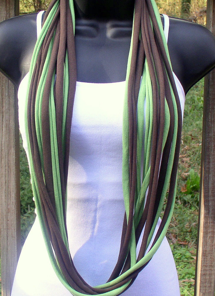 T Shirt Necklace - Circle Scarf - Infinity Loop Scarf - Multicolor - Green and Brown