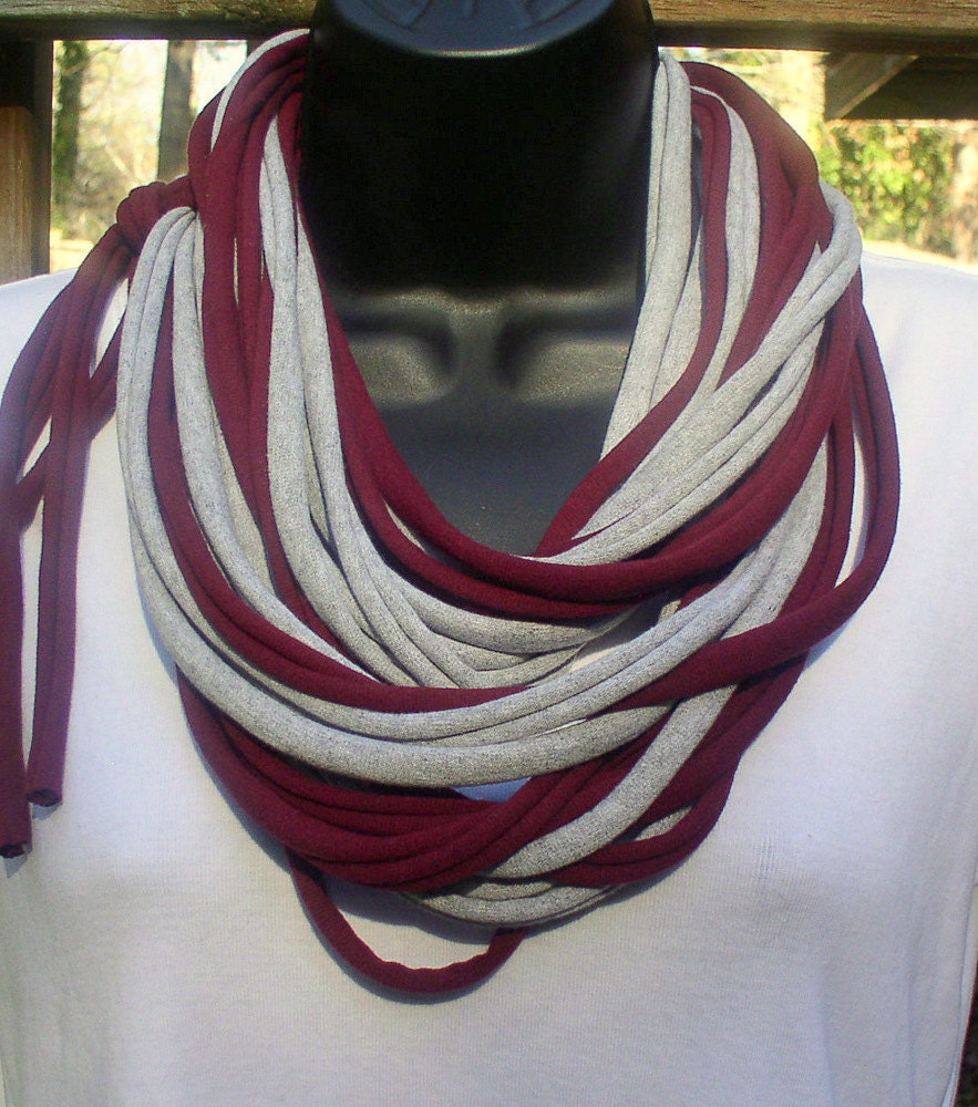 T Shirt Necklace - Scarf - Burgundy/Gray - Cotton