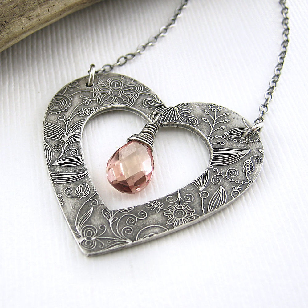 CLEARANCE - Spring Fashion Heart Necklace Peach Quartz Silver Romance Designer Handmade Jewelry - My Heart Necklace No. 7