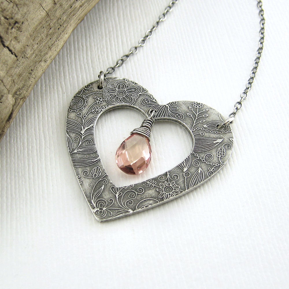 CLEARANCE - Spring Fashion Heart Necklace Peach Quartz Silver Romance Designer Handmade Jewelry - My Heart Necklace No. 7