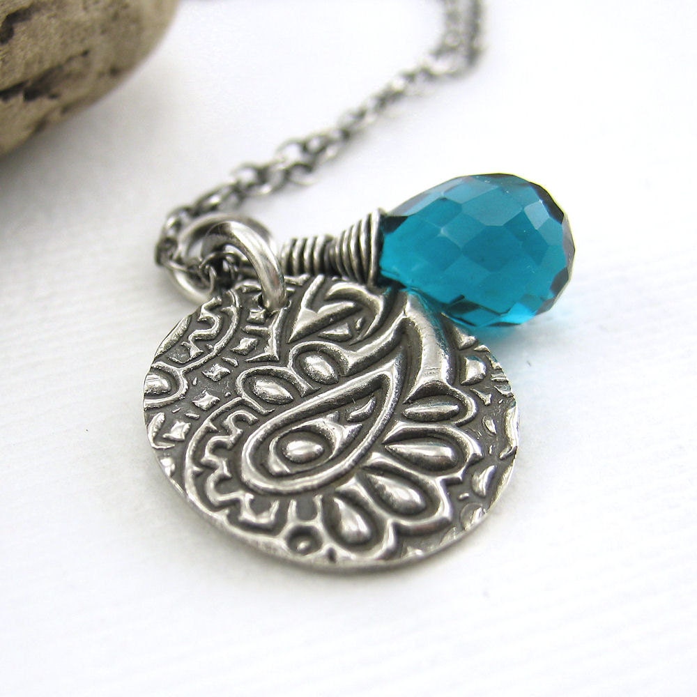 Teal Quartz Charm Necklace Sterling Silver Funky Paisley Designer Jewelry Spring Fashion Jewelry - Solo No. 53 - Jennifer Casady
