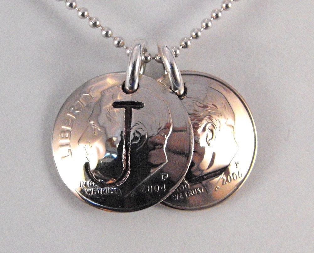 Mothers' Jewelry 2 Initial Charms Custom Birth Year Dime Pendants Necklace