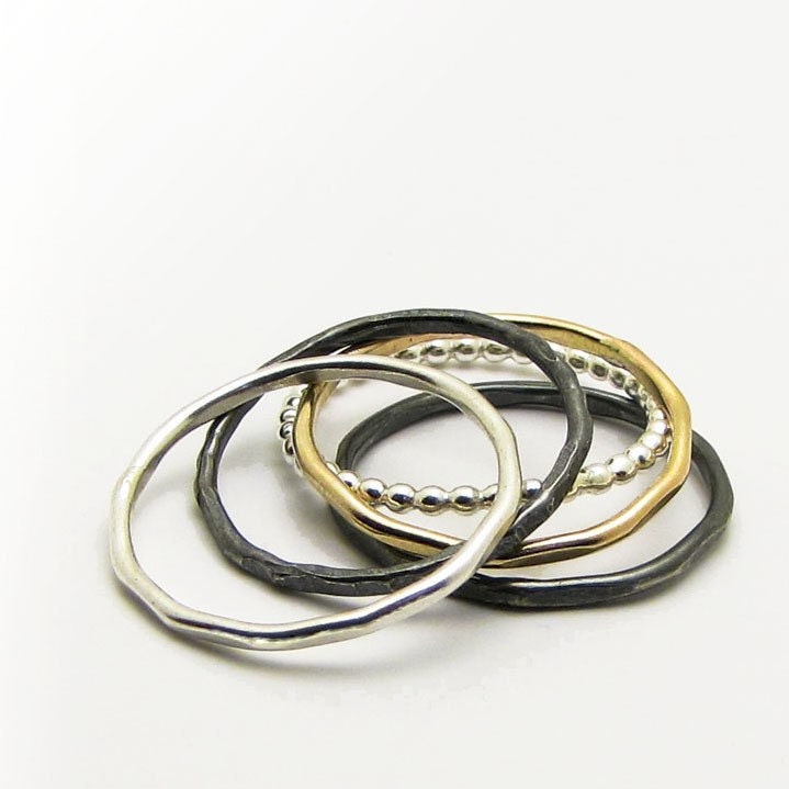 Dark Stack Rings - Gold Filled Silver Bands - Set of FIVE Narrow Stacking Rings Handmade by Queens Metal