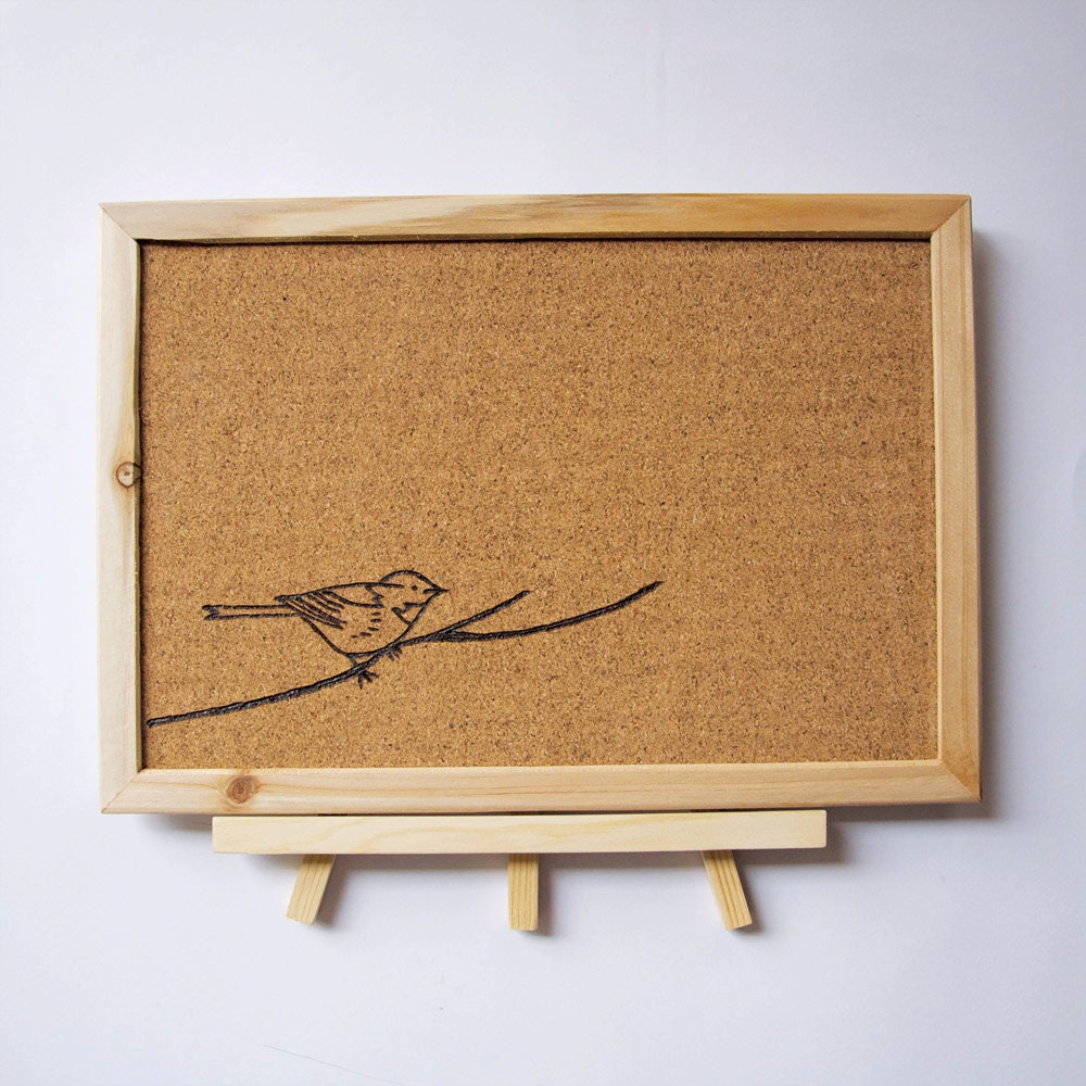 Woodburned Cork Board With Stand - Bird on Branch