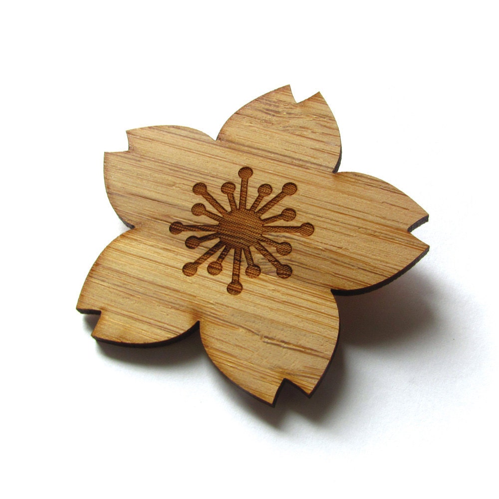 Cherry Blossom - Bamboo - Wood Brooch - Wood Pin - Laser Cut