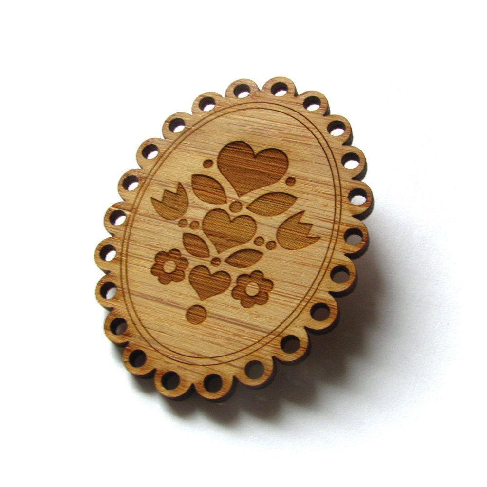 Cameo Heart - Bamboo - Wood Brooch - Wood Pin - Laser Cut