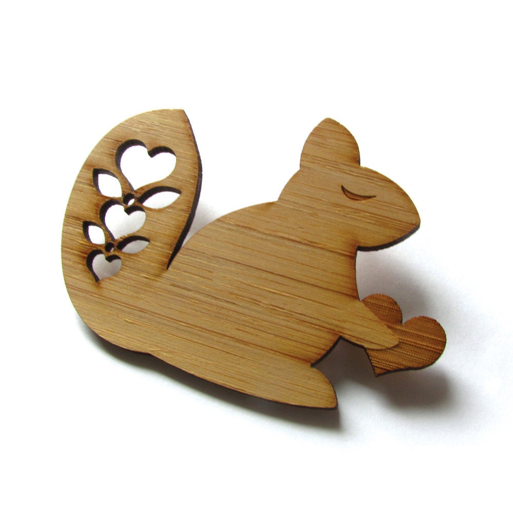 Happy Squirrel - Bamboo - Wood Brooch - Wood Pin - Laser Cut