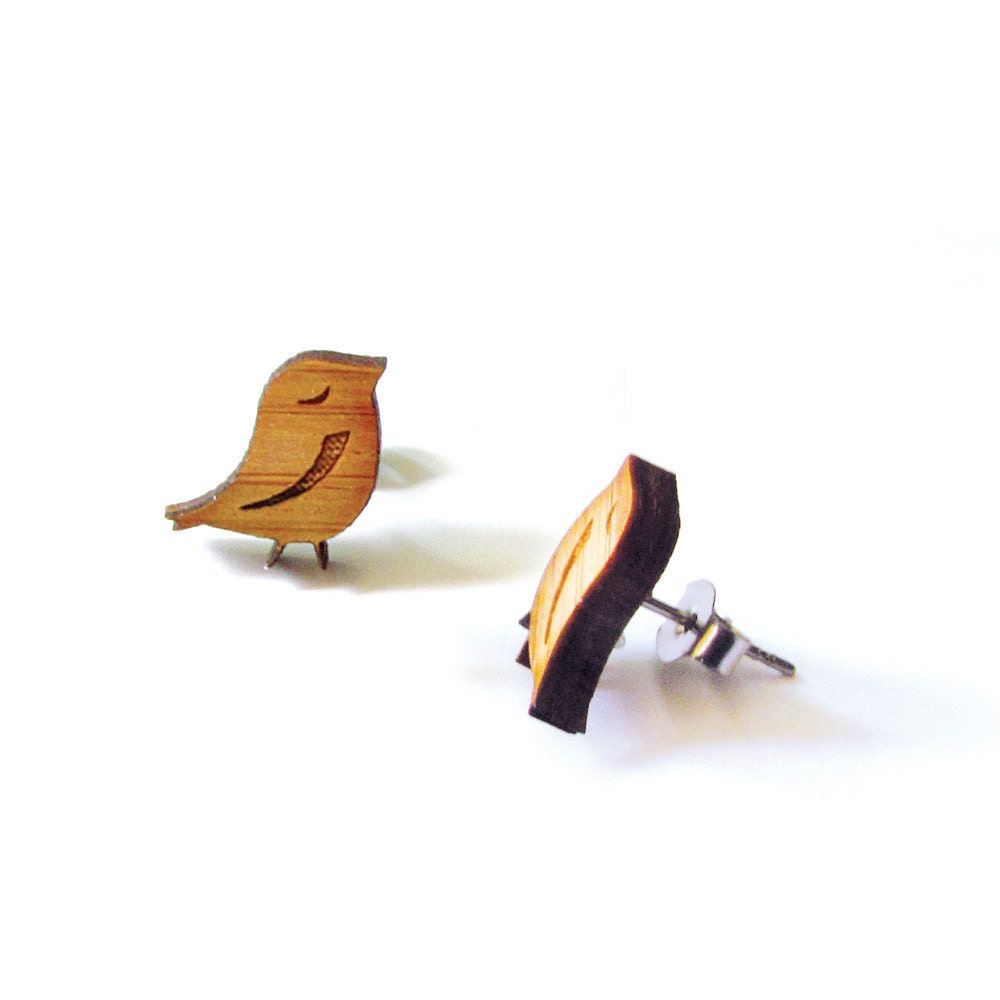 Little Birds - Bamboo Wood Earrings - Laser cut - Stud - Cute