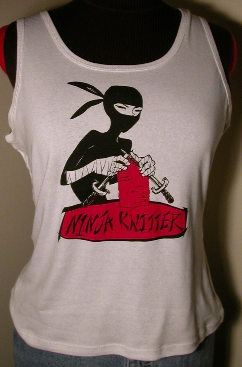 Knitting Ninja (r) Shirt - Ladies White Tank Top - Swords and All - Great T-Shirt