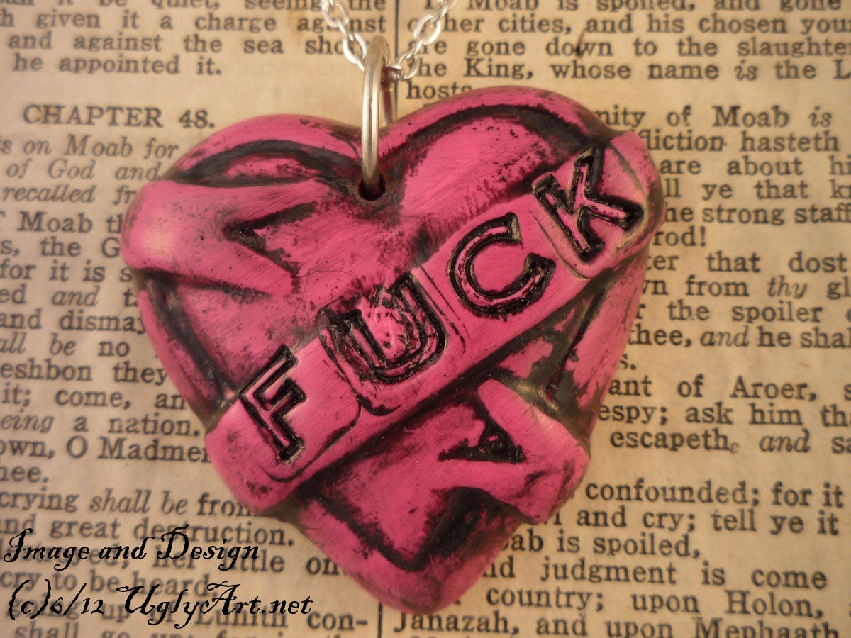 Pink FUCK Tattoo Heart Banner Necklace by Ugly Shyla. Sale Oops item