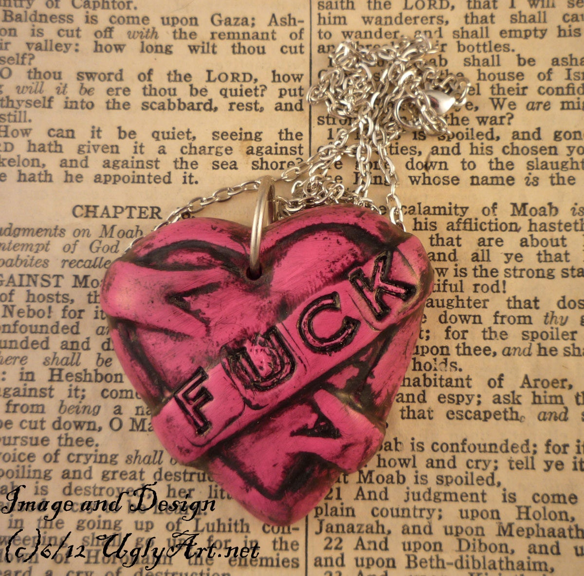 Pink FUCK Tattoo Heart Banner Necklace by Ugly Shyla. Sale Oops item