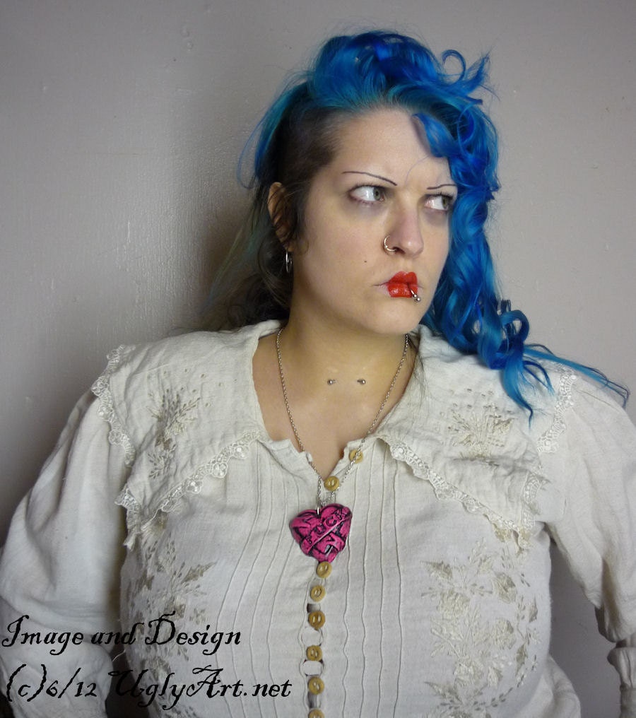 Pink FUCK Tattoo Heart Banner Necklace by Ugly Shyla. Sale Oops item