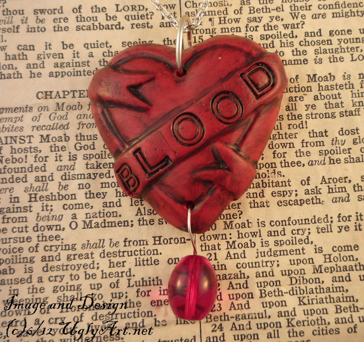 Red BLOOD Tattoo Heart Banner Necklace by Ugly Shyla.