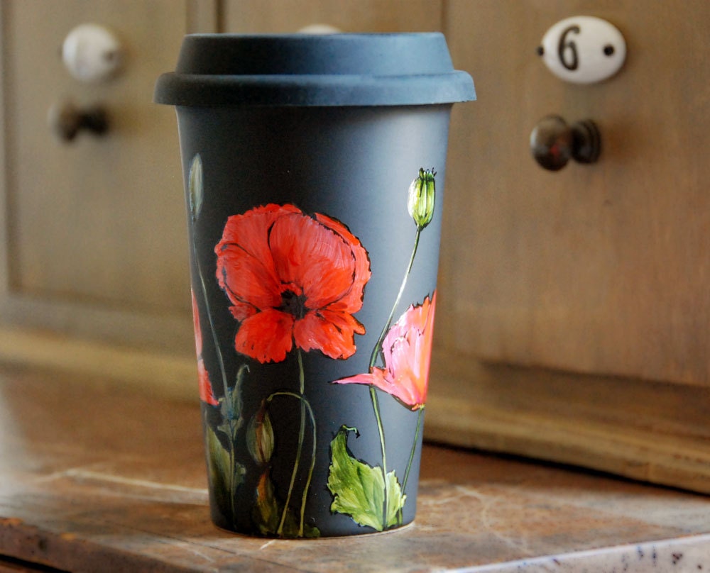 Illustrated Black Travel Mug - Poppy, Botanical Collection - Limited Edition - made to order