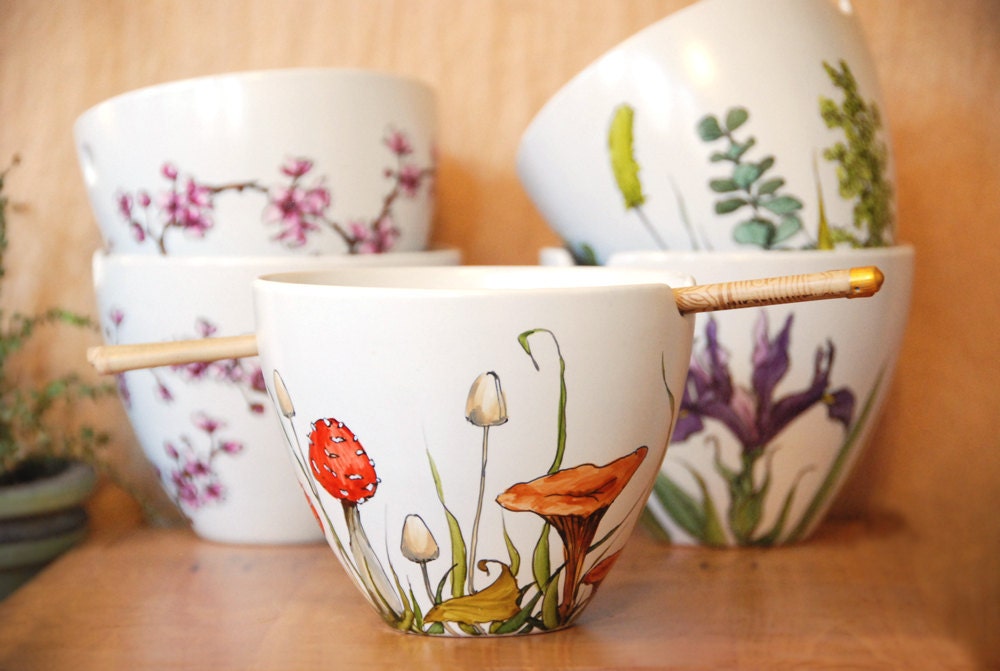 Custom Painted with Any Botanical Design - White Ceramic Noodle Bowl