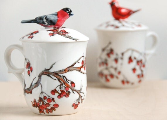 Hand Painted Tea Cup - Love Birds, Bullfinch