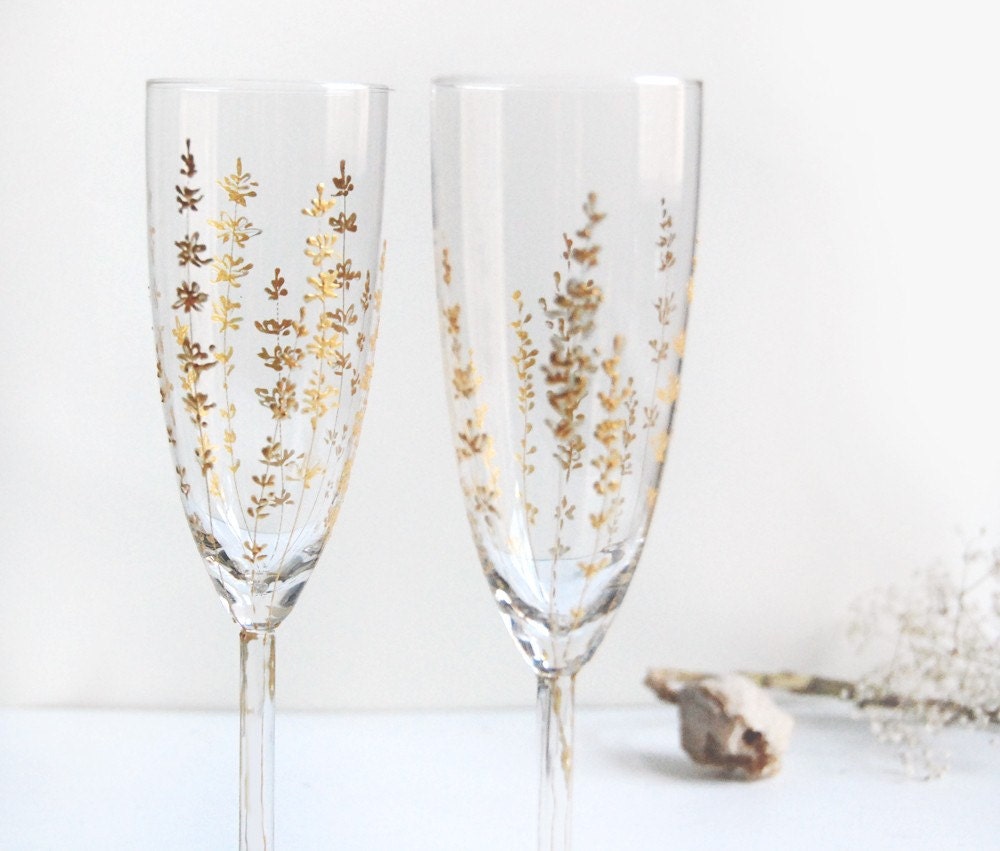 Gold painted Champagne Flutes - Lavender Design- Wedding Collection