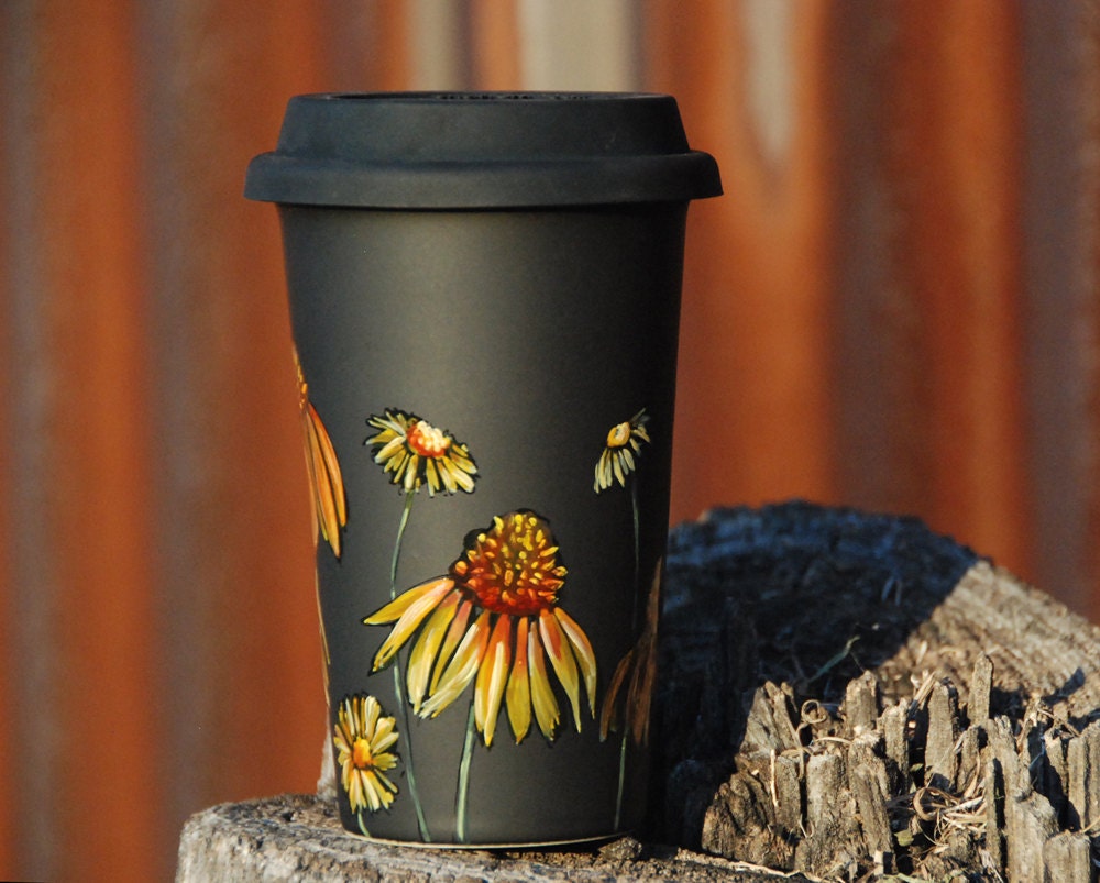 Eco-Friendly Black Ceramic Travel Mug - Limited Edition - Echinacea and Wild Flowers - made to order