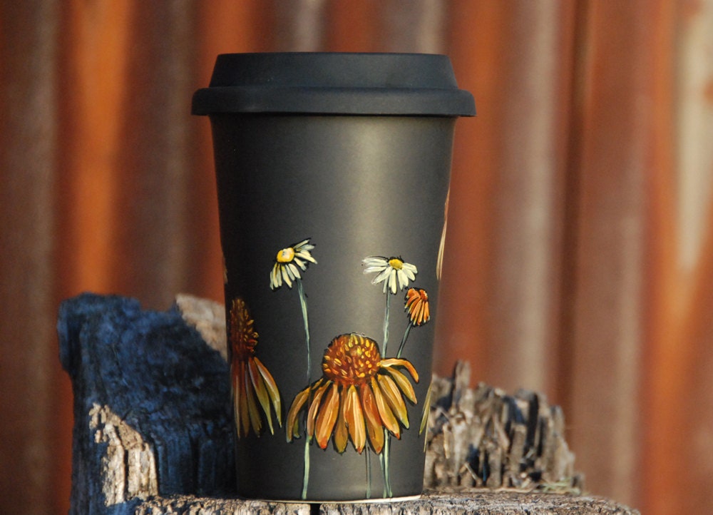 Eco-Friendly Black Ceramic Travel Mug - Limited Edition - Echinacea and Wild Flowers - made to order