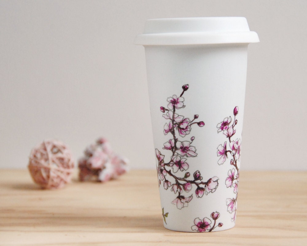 Eco-Friendly  Painted Ceramic Travel Mug - Cherry Blossoms - made to order