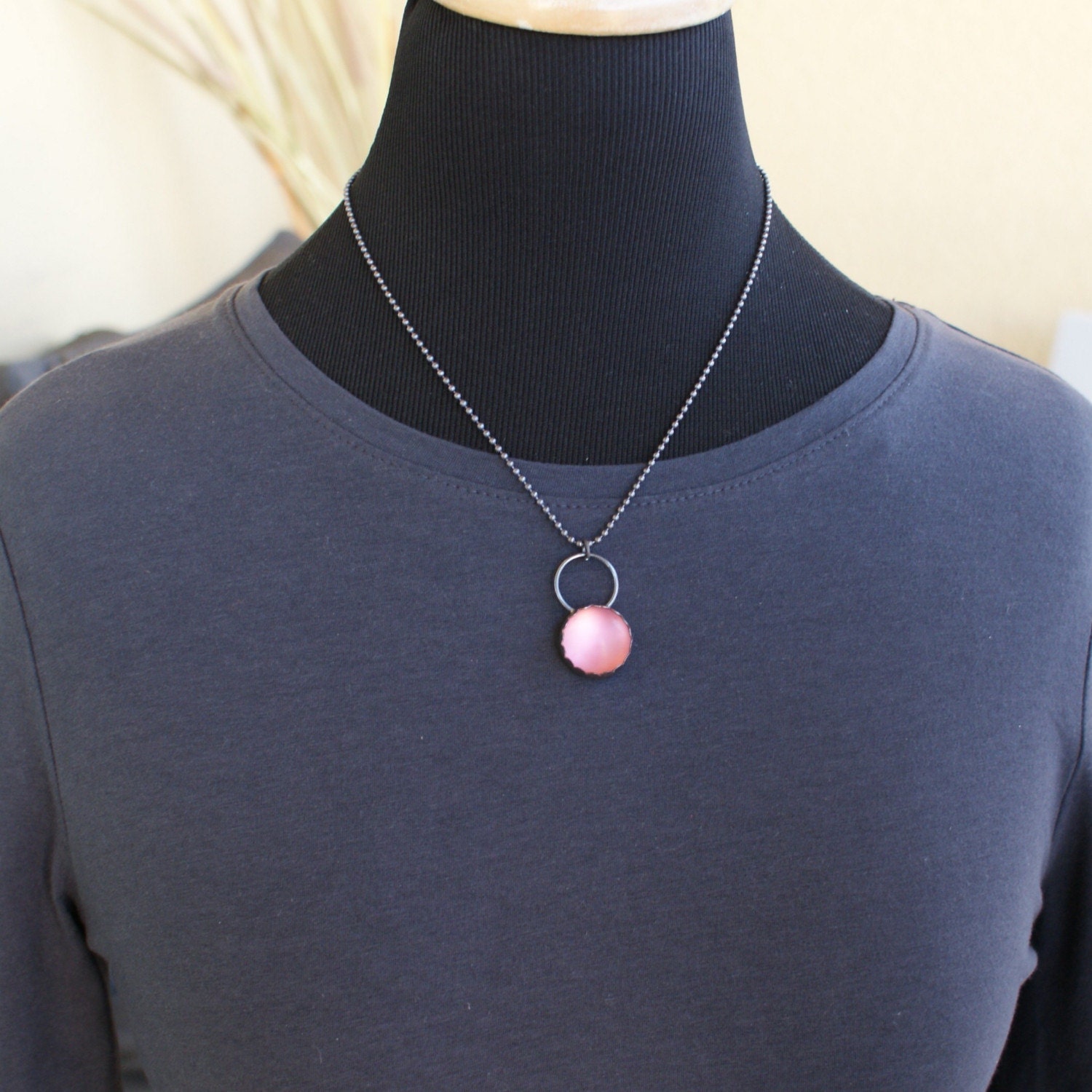 Cotton Candy. Glowing Pink Shines Against Dark Sterling Silver. Necklace.